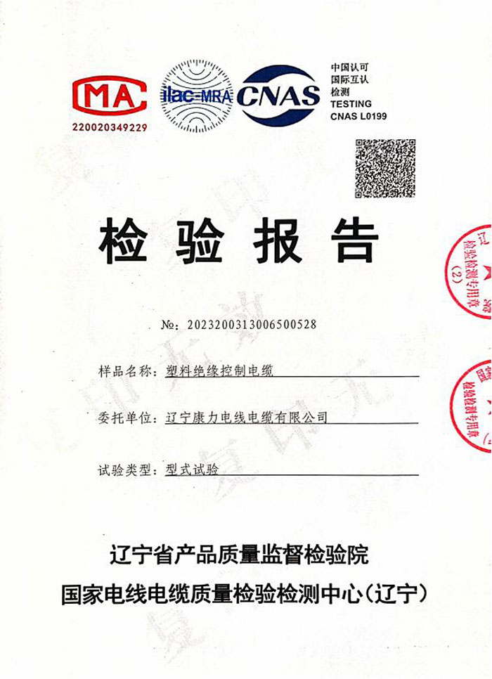 塑料絕緣控制電纜檢驗報告